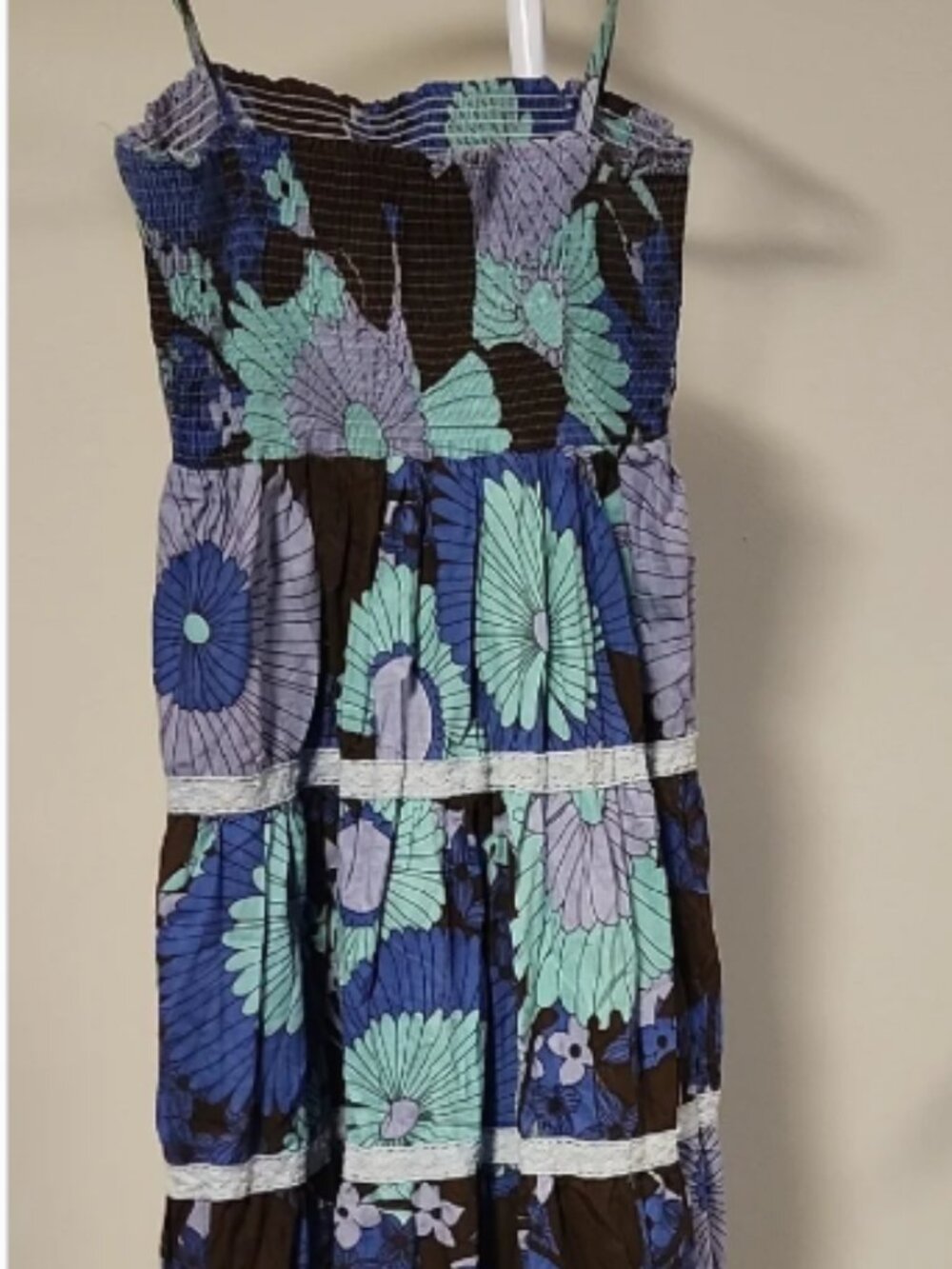 Boho Floral Midi Dress Size 8 Blue Green Smocked Bodice Flowy Summer Dress